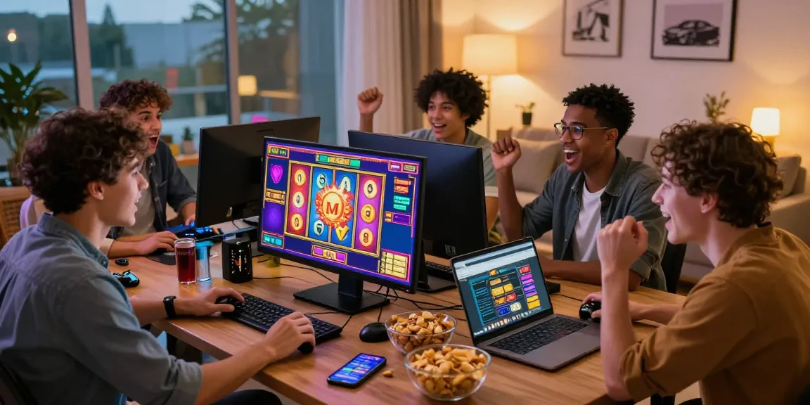 Friends enjoying a thrilling slot game session on their computer with colorful reels and lively atmosphere.