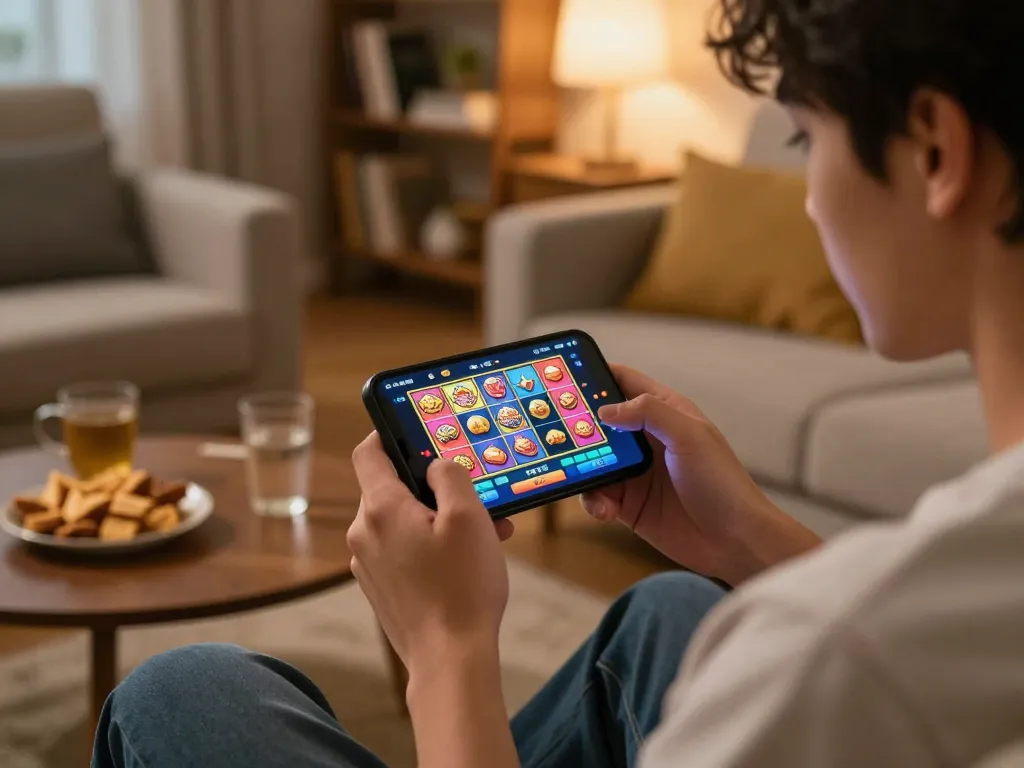 Engaging smartphone screen showing slot gacor gampang menang app while a player enjoys online gaming.