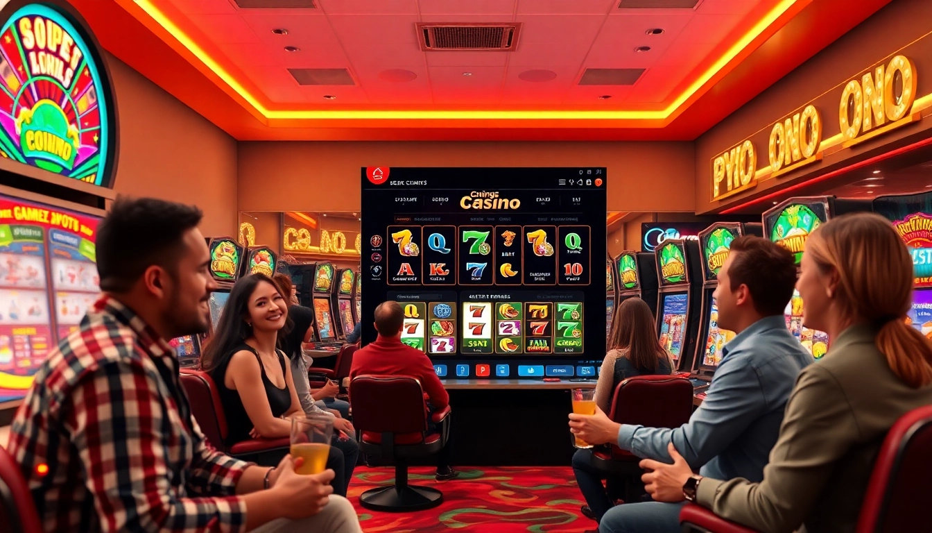 Memainkan petanitoto di suasana kasino online dengan mesin slot berwarna-warni dan pemain bahagia.