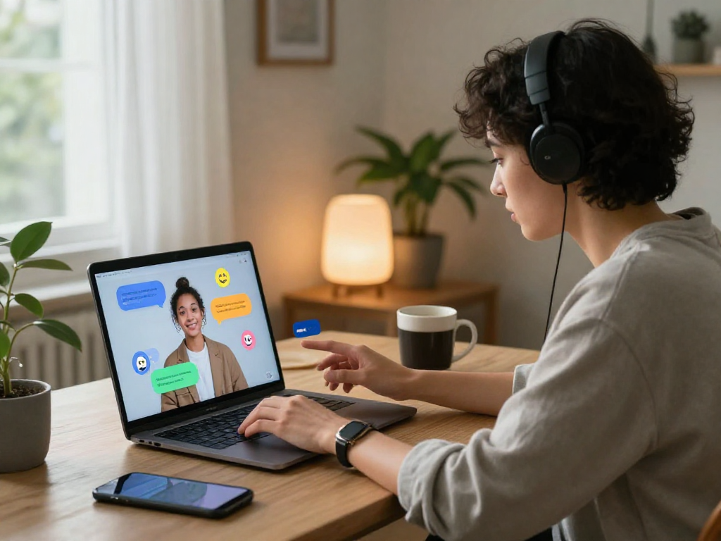 Engaging with girlfriend AI on a laptop in a cozy, modern workspace.