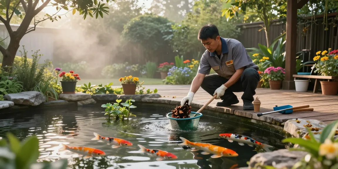 Professional Pond Cleaning Kent with a pond cleaner maintaining a koi pond surrounded by green foliage, showcasing quality service.
