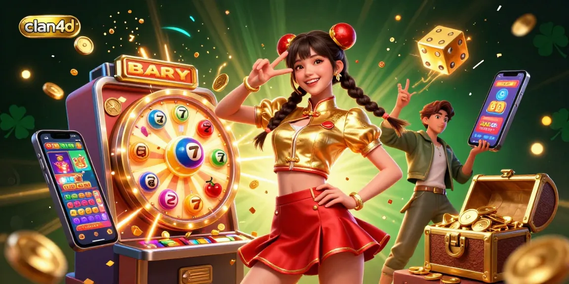 Win big with clan4d in this vibrant casino scene featuring colorful slots and prizes.