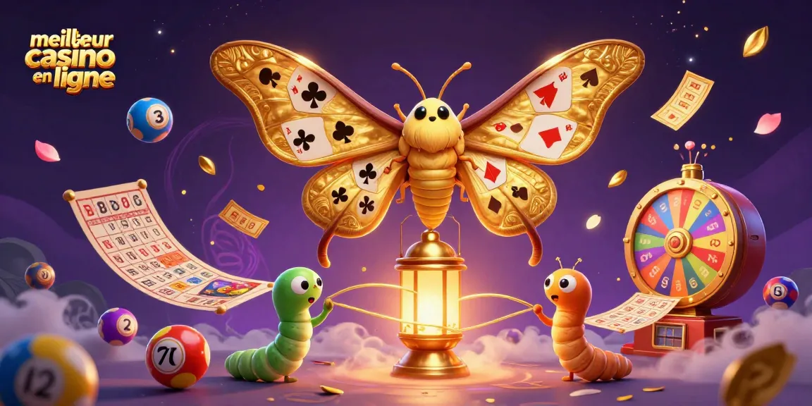 Le meilleur casino en ligne avec un papillon 3D doré et des jeux de loterie dynamiques dans une scène colorée.