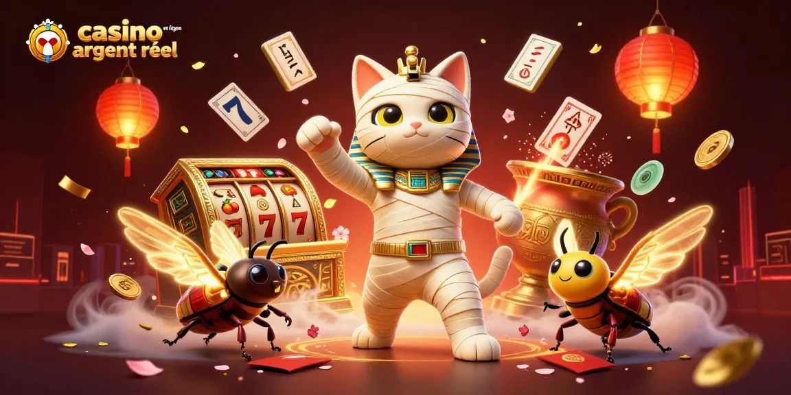 Visualisez le casino en ligne argent réel avec un chat momifié et des éléments de jeu captivants.