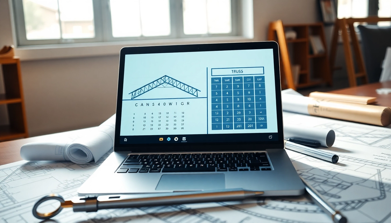 Interactive truss calculator interface shown on a laptop amid blueprints and engineering tools.
