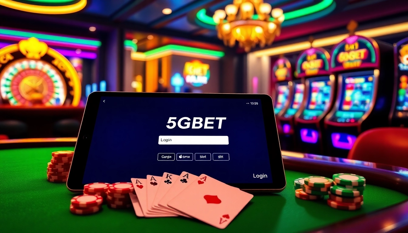 Engage with the 5GBET Login interface while enjoying a luxurious online casino scene featuring tables and vibrant games.