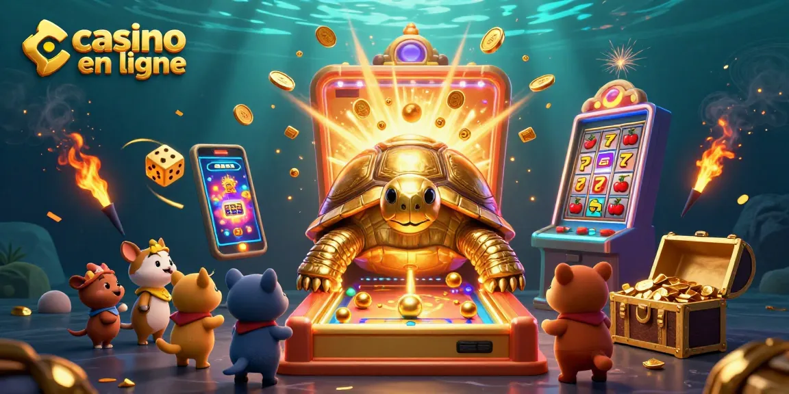 Jouez sur un casino en ligne avec des tortues dorées et des machines à sous animées.