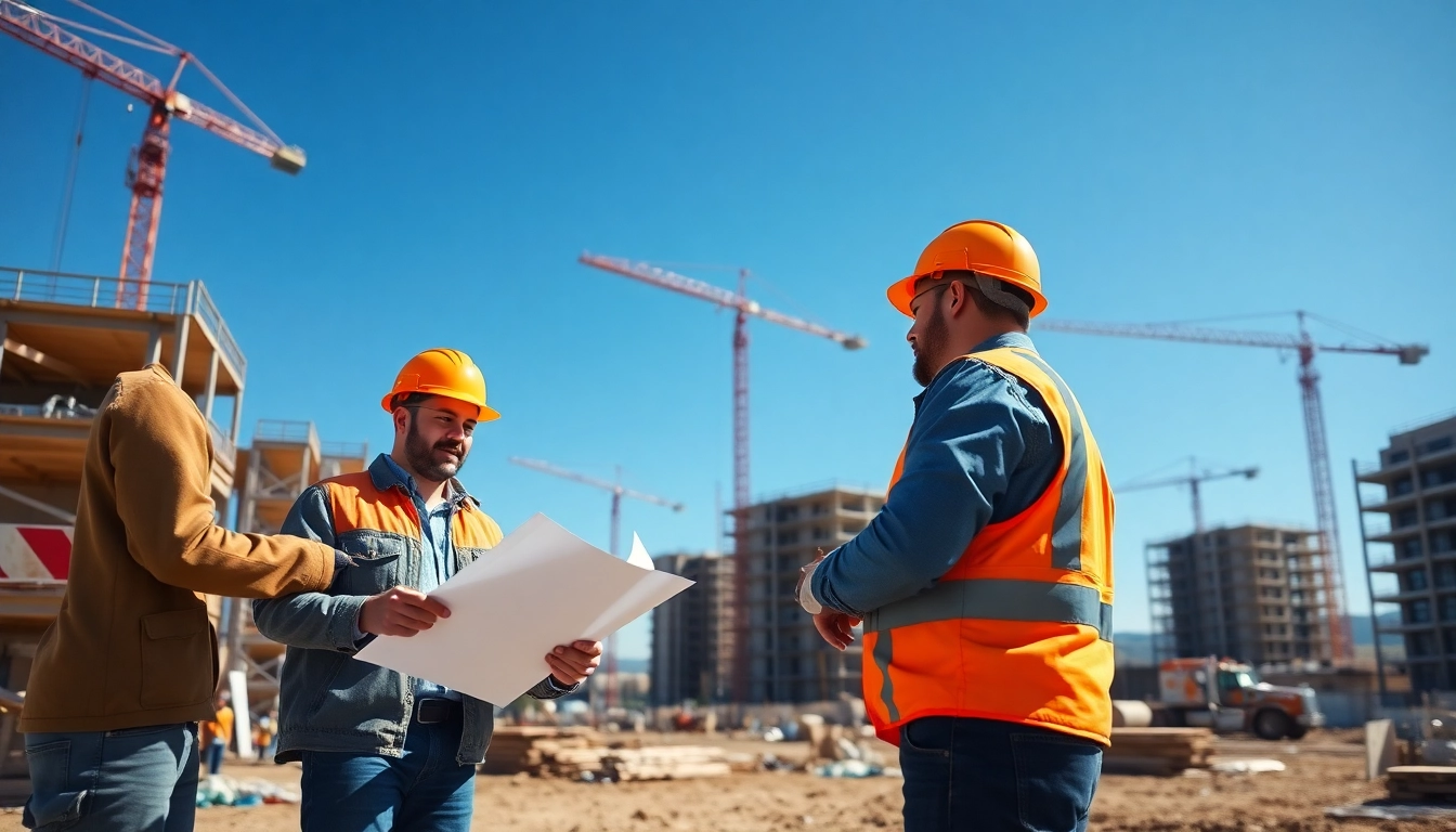 Collaborative construction workers embodying the construction association Colorado ethos with teamwork and safety.