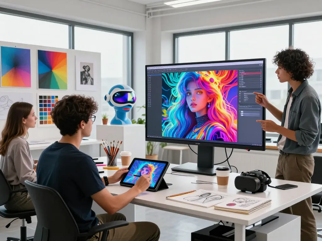 Diverse artists collaborating on AI-generated images in a dynamic digital studio.