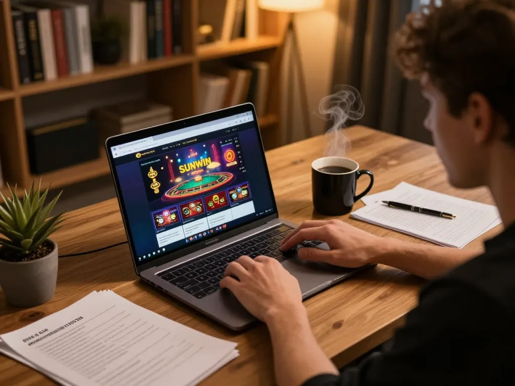 SUNWIN player enjoying online gaming with strategic notes and cozy setup