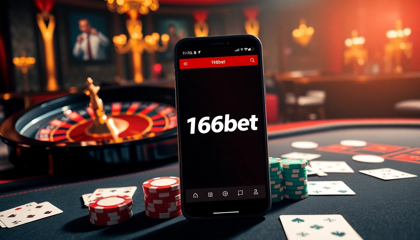 Experience thrilling gameplay with the 166bet App on your smartphone amidst a luxurious casino scene.