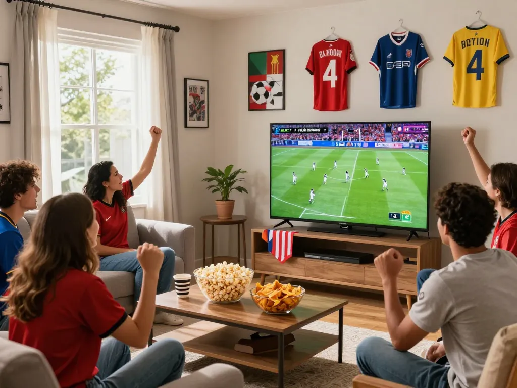 Cakhiatv live football match viewing party with friends in a vibrant living room.