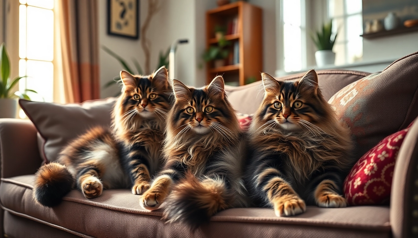 Maine Coon cats for sale near me resting elegantly in a sunny home setting.