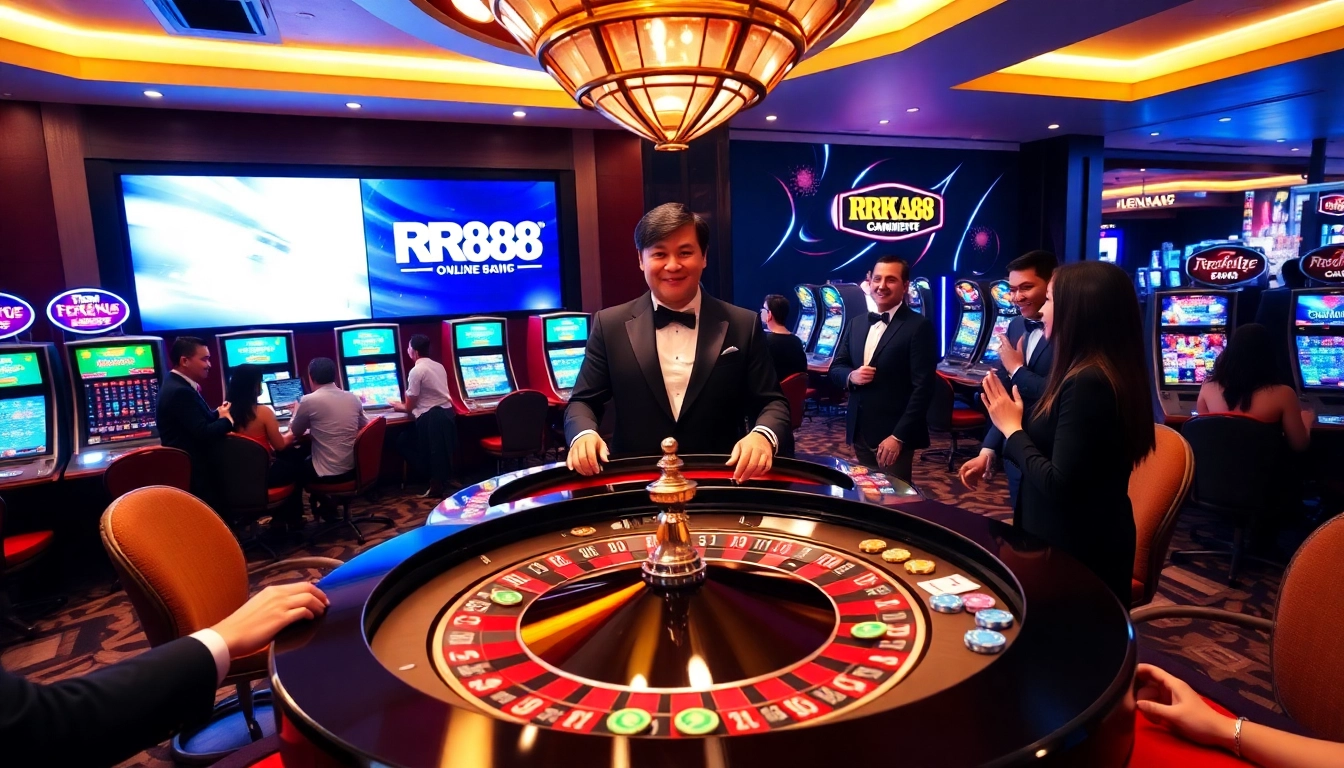 Players enjoying a thrilling game at RR88 Casino, featuring a stylish roulette table and vibrant slot machines.