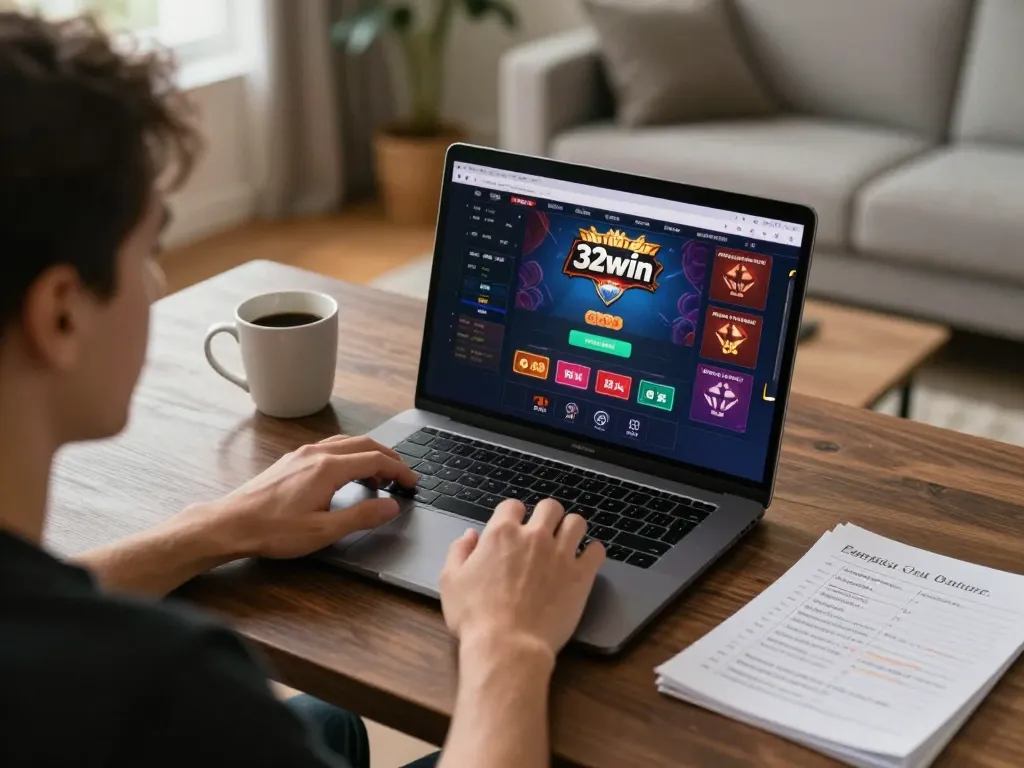 Player enjoying online gaming on 32win with strategic betting notes in a comfortable home setting