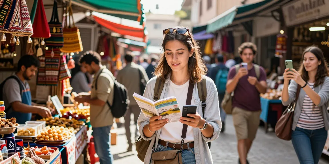 Traveler exploring local marketplace while using travel agency software on smartphone amidst vibrant cultural atmosphere