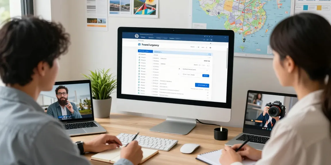 Travel agency software displayed on computer, travel advisor assisting client with itineraries.