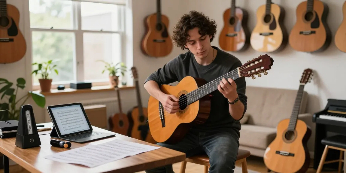 Engaging instructor demonstrating classical guitar lessons online in a cozy home studio.