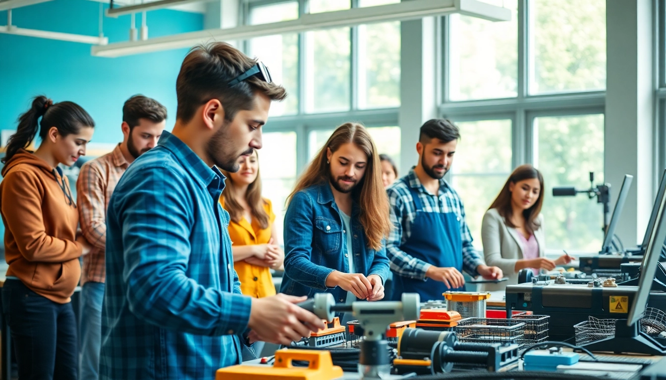 Students collaborating in a trade school classroom, practicing skills with hands-on training.