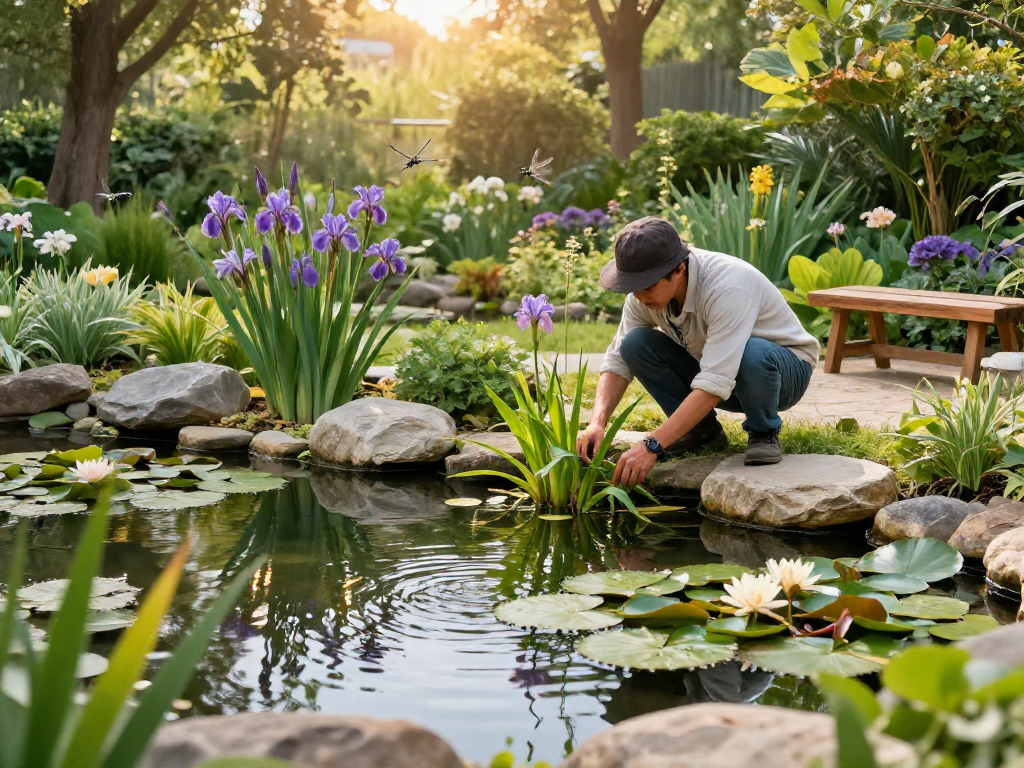 Pond plants thriving in a tranquil garden setting with a gardener gently arranging aquatic foliage.