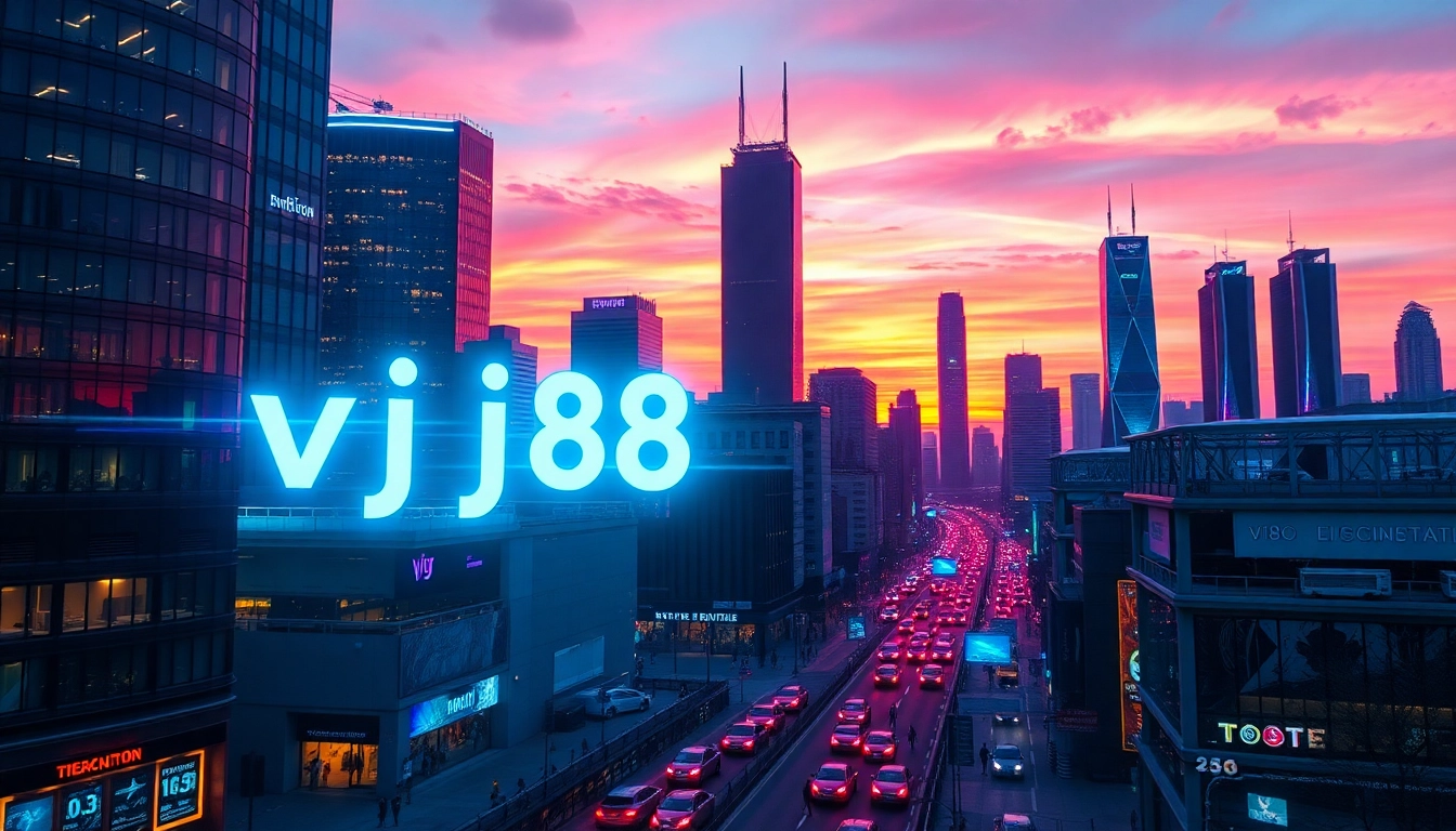 Engaging scene of vj88 illuminated in a vibrant futuristic cityscape at dusk.