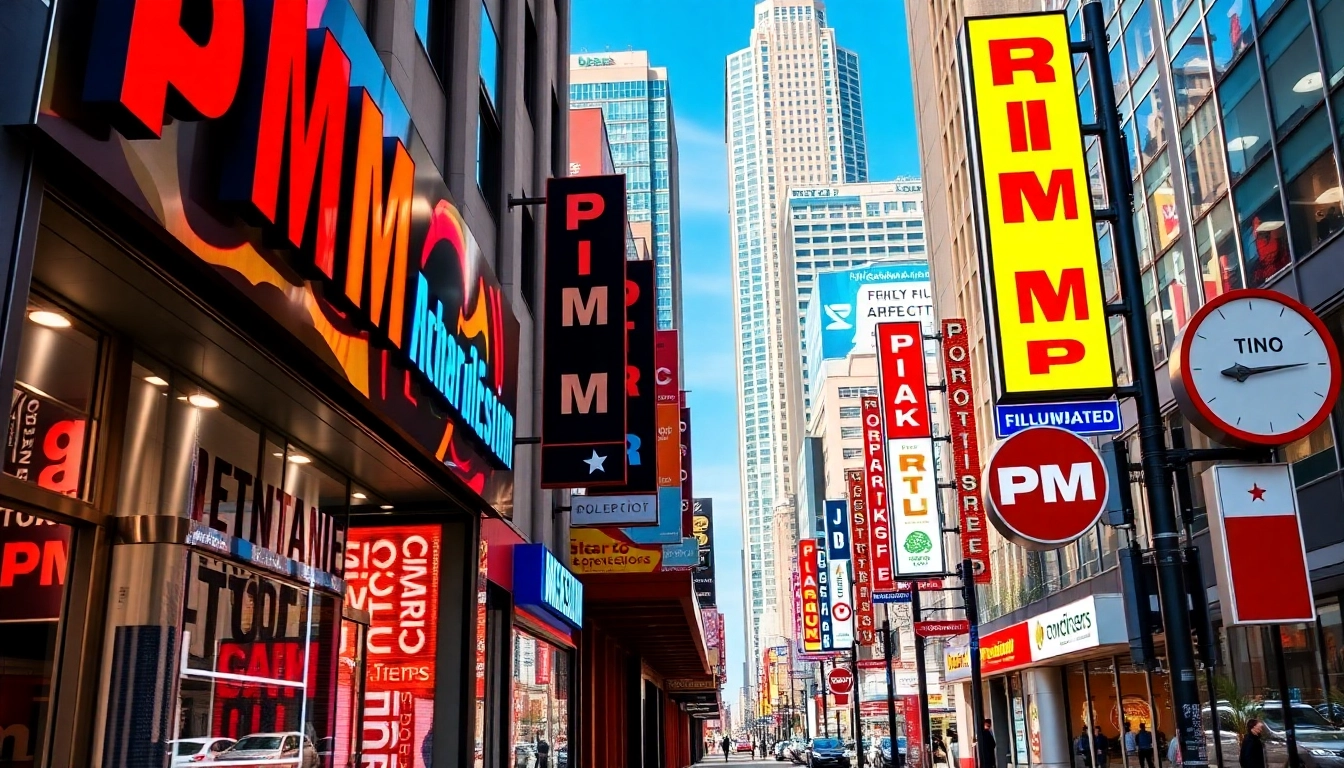 Engaging display of pm signs in a vibrant urban environment, showcasing diverse signage options.