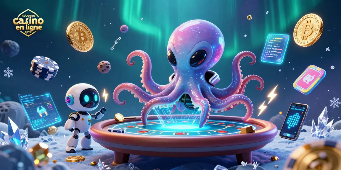 Une illustration d'un nouveau casino en ligne 2026 avec un poulpe extraterrestre et un robot jouant à une table de poker.