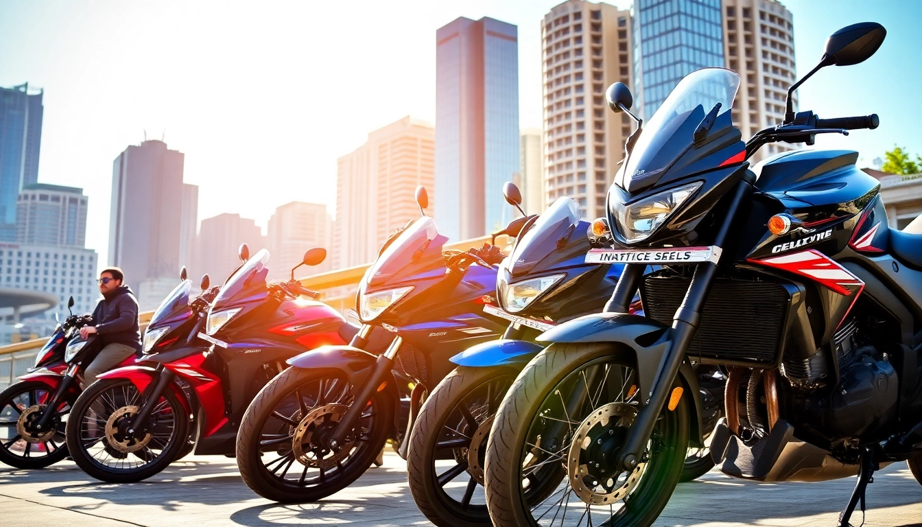 Explore affordable street legal motorcycles lined up in a vibrant urban setting.