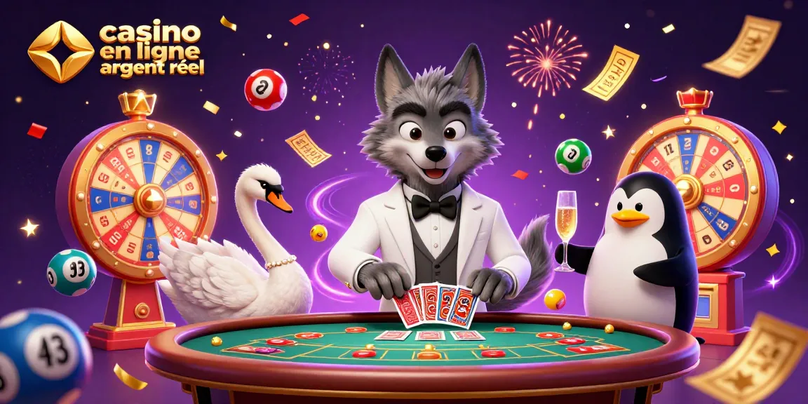 Jouer au casino en ligne argent réel avec un loup, un cygne et un pingouin en illustration 3D