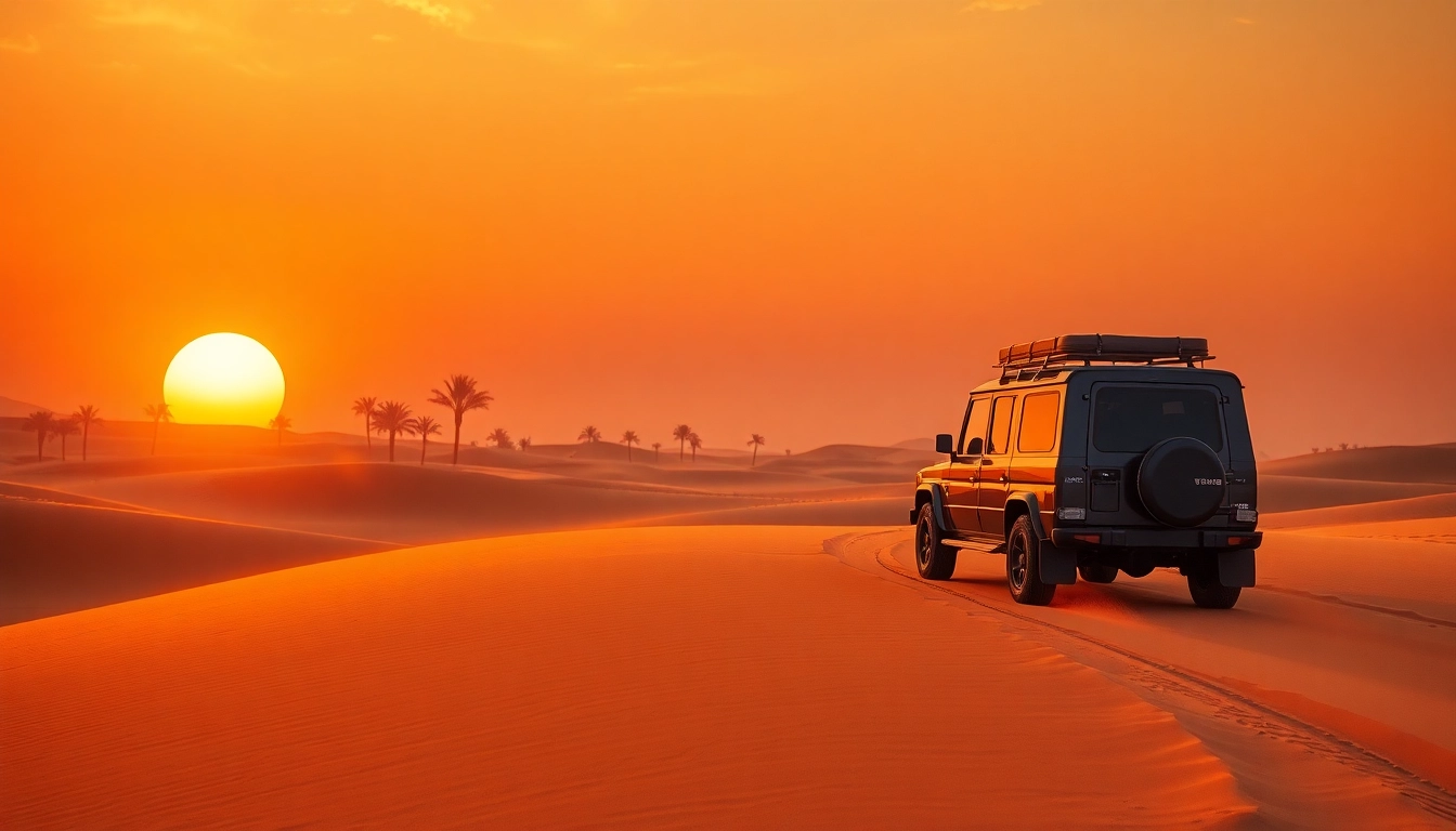 Experience the thrill of an evening desert safari dubai with a 4x4 navigating golden dunes at sunset.