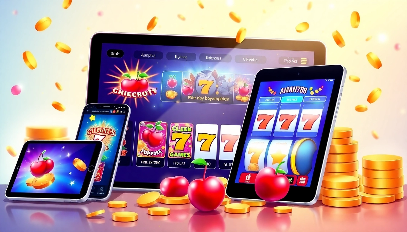 A modern digital interface of AMAN788 featuring popular online slot games and jackpot symbols.