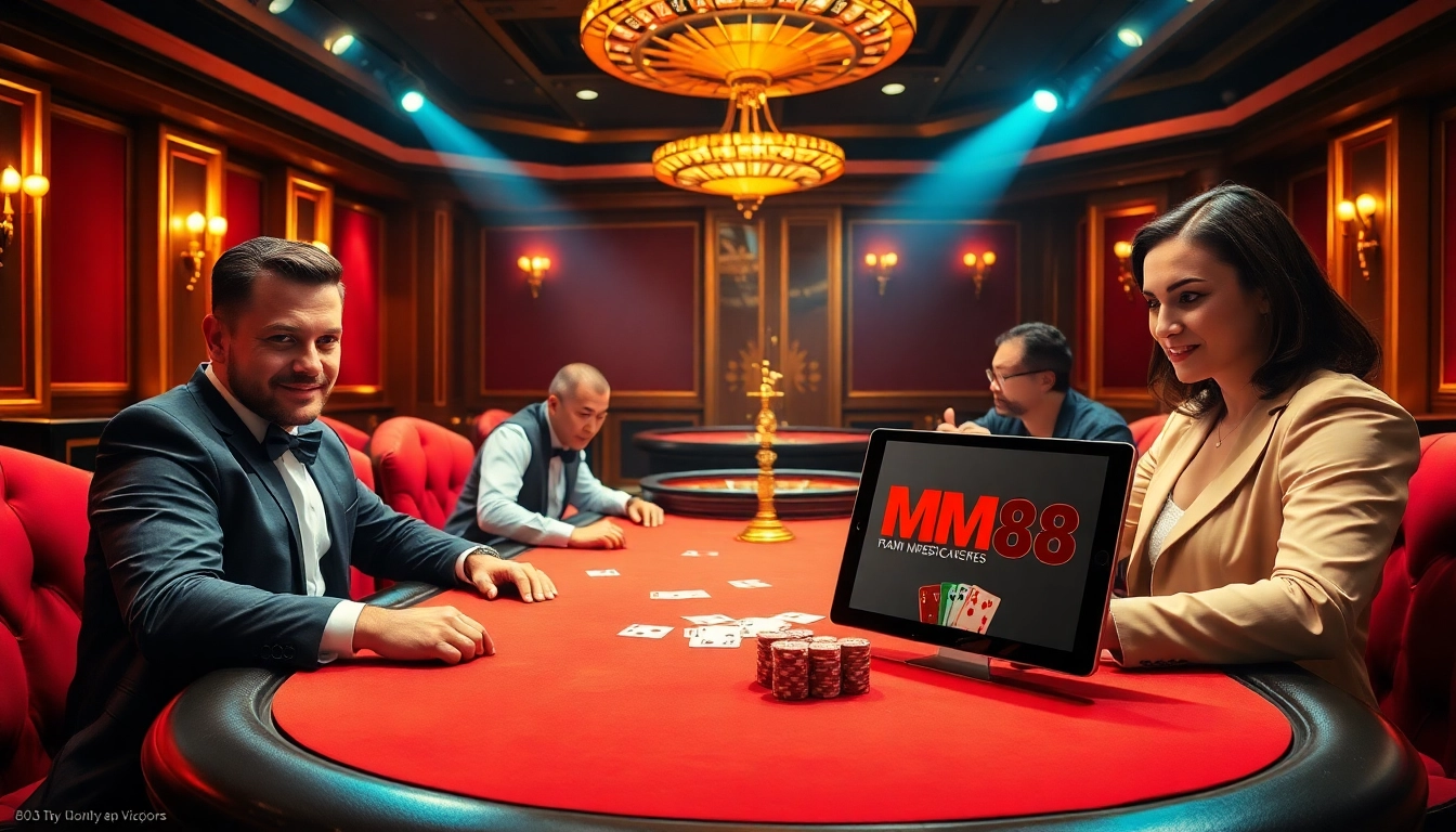 Intense poker action at the luxurious MM88 casino table with vibrant chips and elegant ambiance.