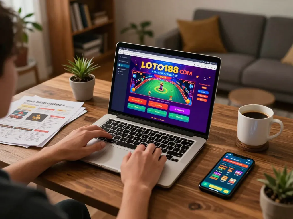Player engaged with LOTO188 COM gambling interface on laptop, showcasing online gaming excitement