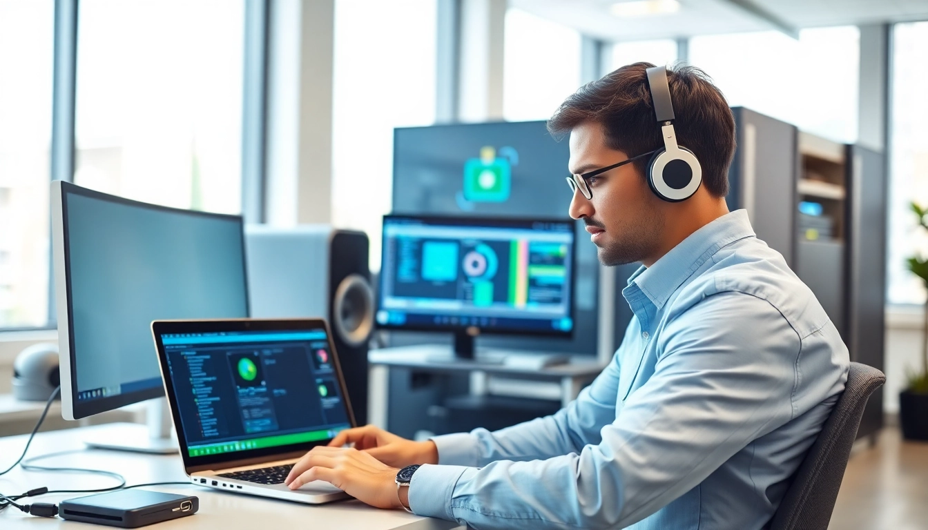 Provide expert computer support and services in a modern office setting with a focused technician.