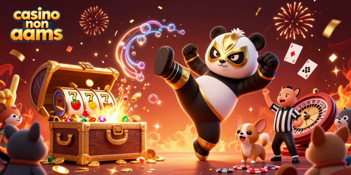 Vivi azioni emozionanti con i casino non aams featuring un lottatore panda, slot colorate e festosi coriandoli.