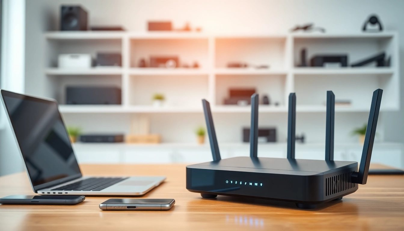 Showcase a modern vpn router in a sleek office setting with advanced features.