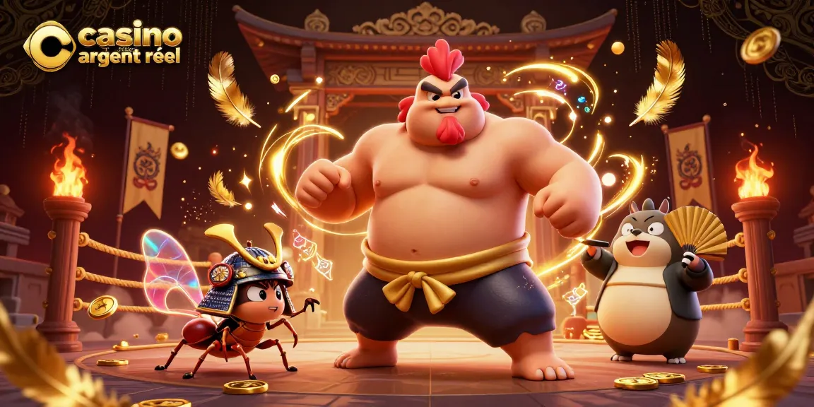 Plongez dans l'univers du casino en ligne argent réel avec une illustration dynamique de combat entre un sumo et un criquet samouraï.