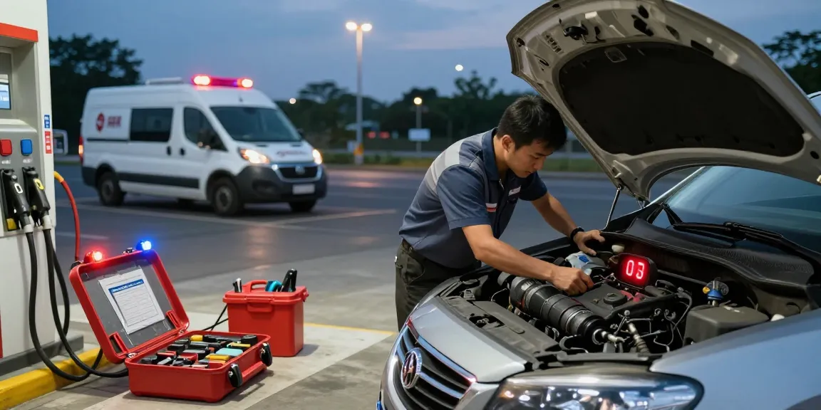 Technician draining wrong fuel in car at roadside service for quick recovery