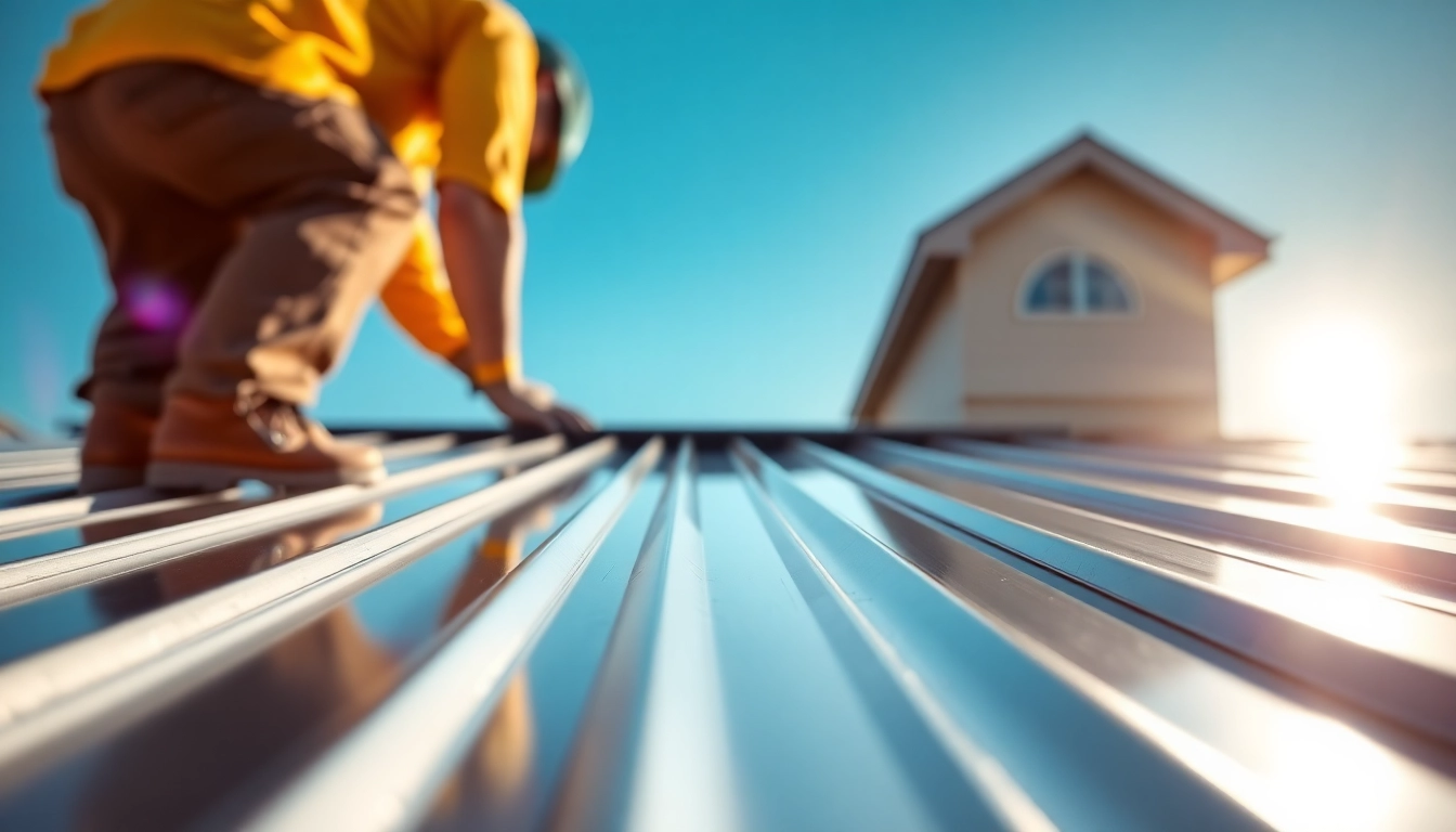 Install high-quality metal roofing panels on a modern suburban home under bright sunlight.