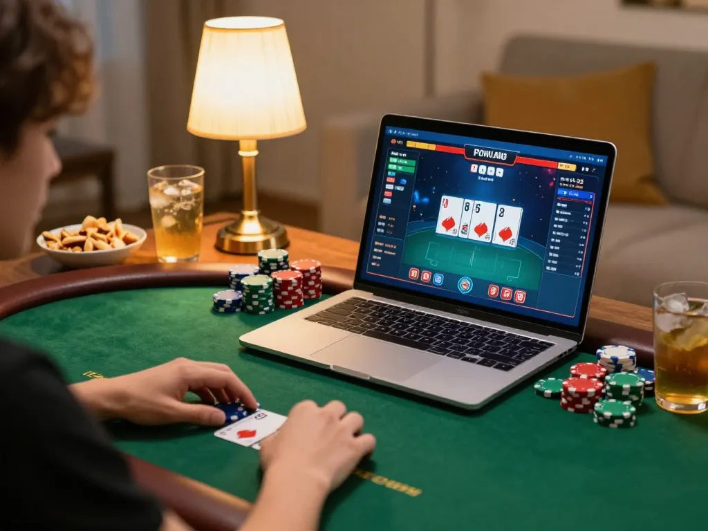 Engaging in live poker gameplay at home with Kèo nhà cái on laptop showcasing active game.