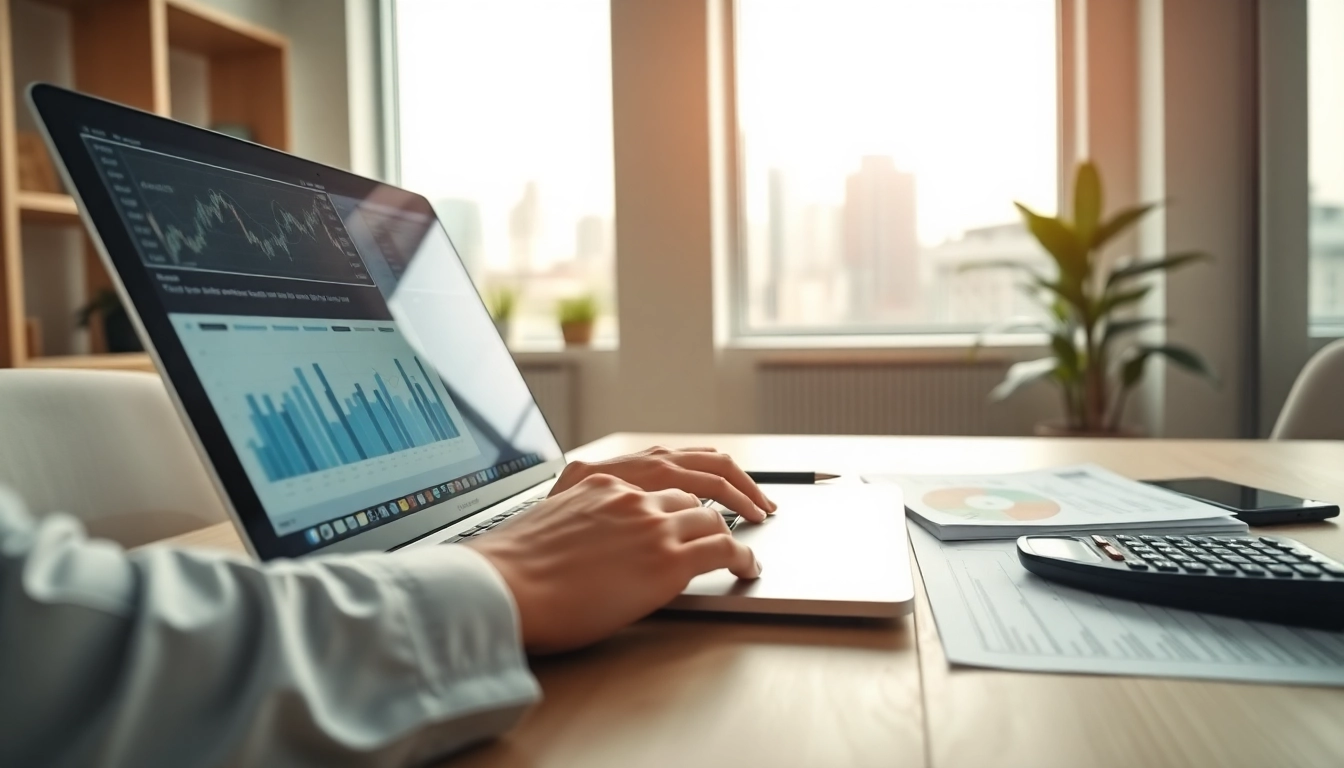 Engaging scene of small business accounting and bookkeeping in action, emphasizing financial data analysis.