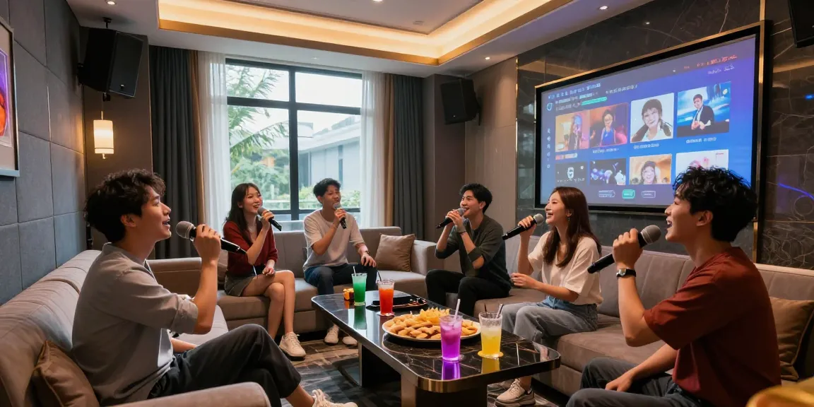 강남가라오케에서 친구들과 즐거운 분위기의 노래방 내부 모습과 세련된 인테리어