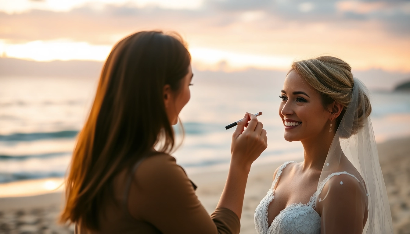 Destination wedding makeup artist creates a stunning bridal look by the beach.