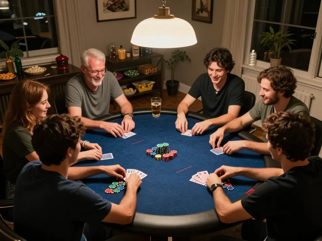 Engaged friends at home poker night celebrating 888now đăng nhập, showcasing dynamic gameplay and friendly competition.