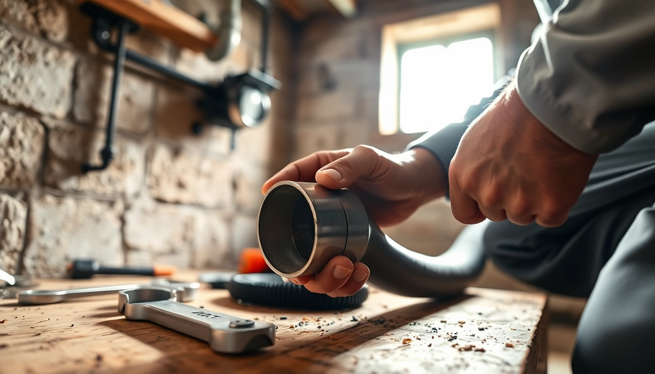 Skilled plumber conducting sewer repair raleigh in a well-lit basement with tools and pipes.
