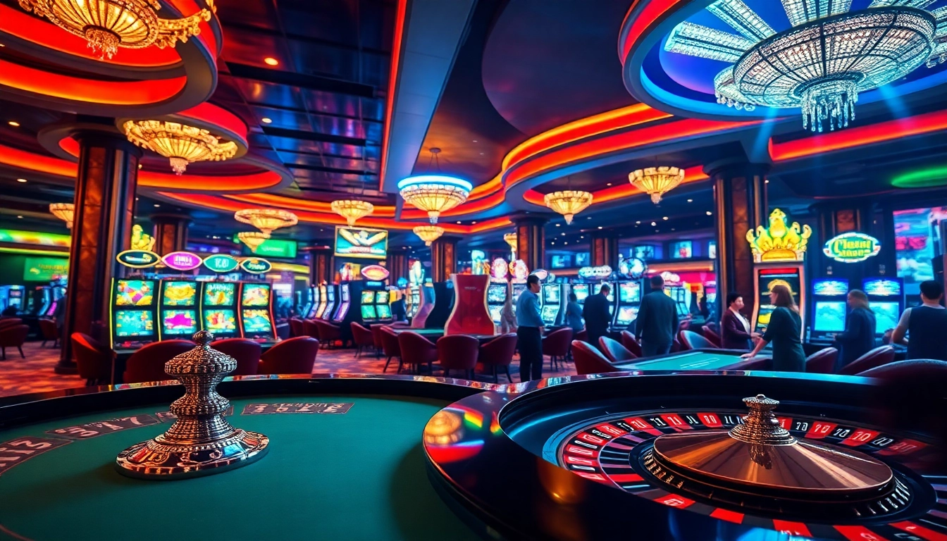 Ruangan lemacau casino dengan mesin slot dan meja permainan, mencipta suasana meriah.