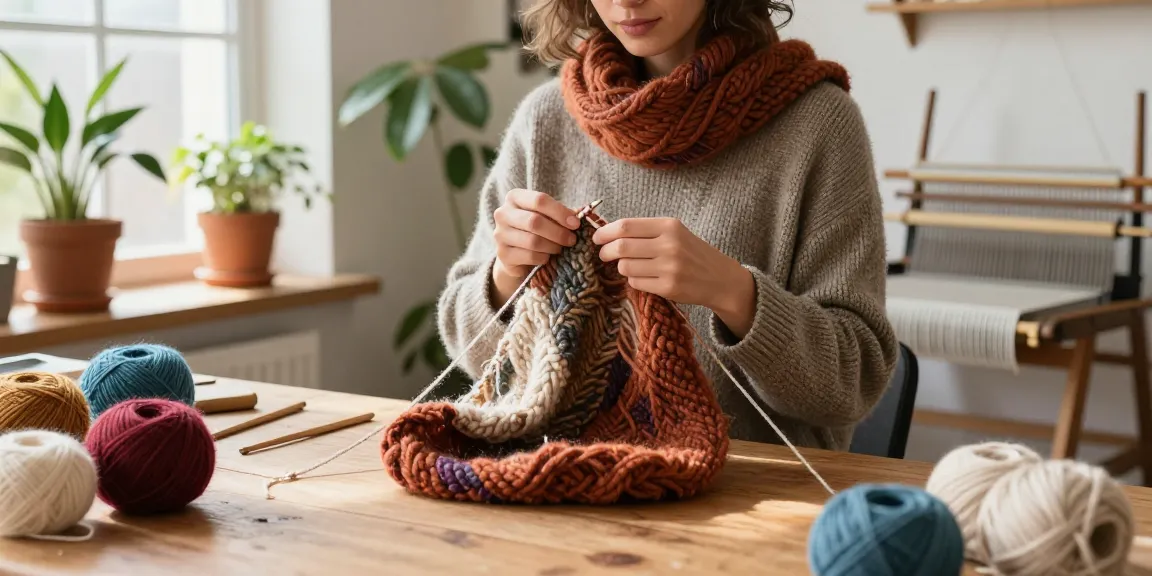 Artisan creating a unique merino wool scarf in a vibrant, natural light-filled studio.