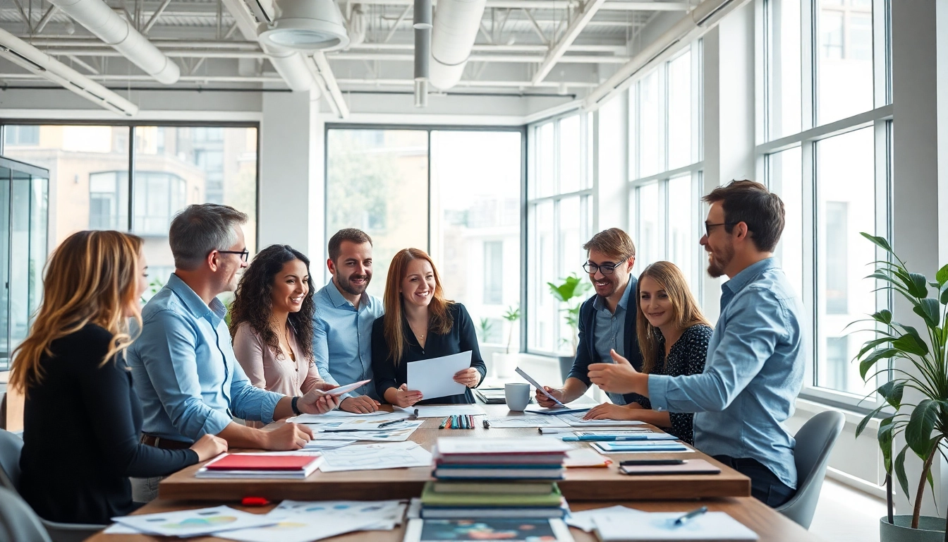 Advertising agency team collaborating on creative strategies in a bright office.