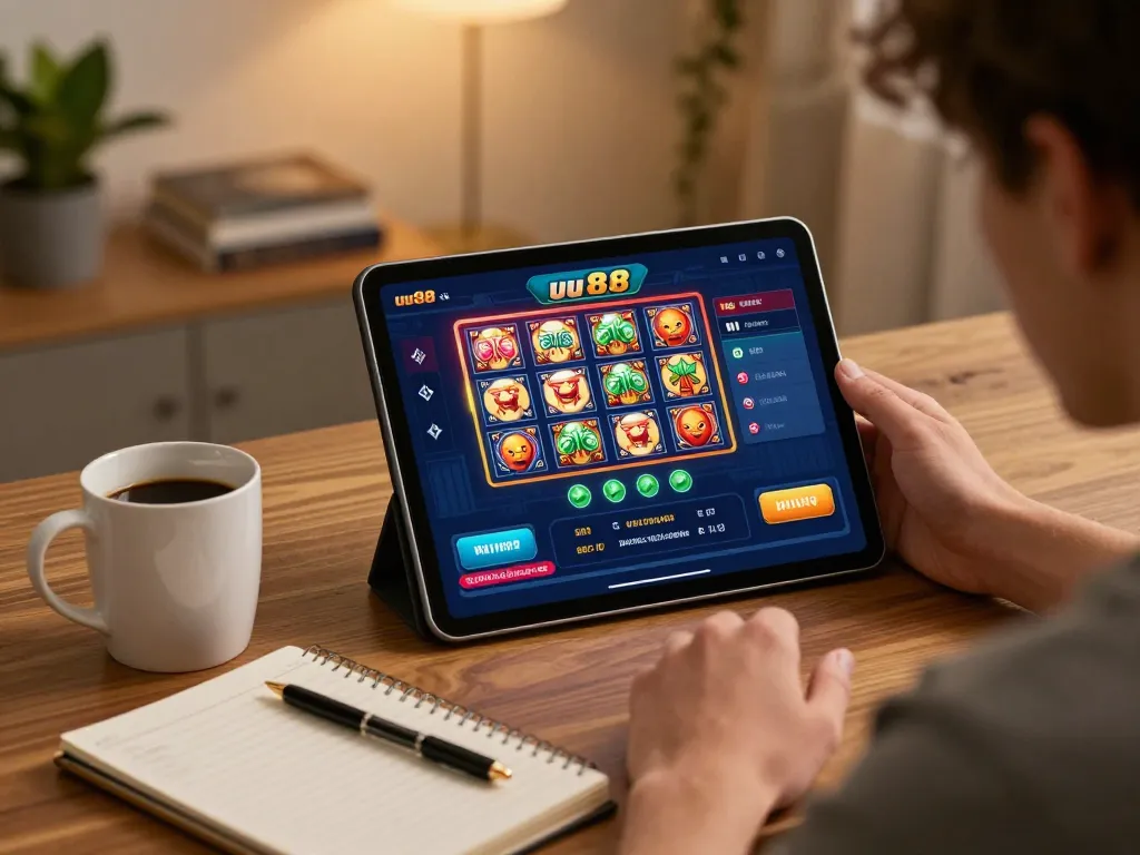 Engaging user playing on uu88 net casino app, showcasing vibrant games and a cozy home gaming setup.