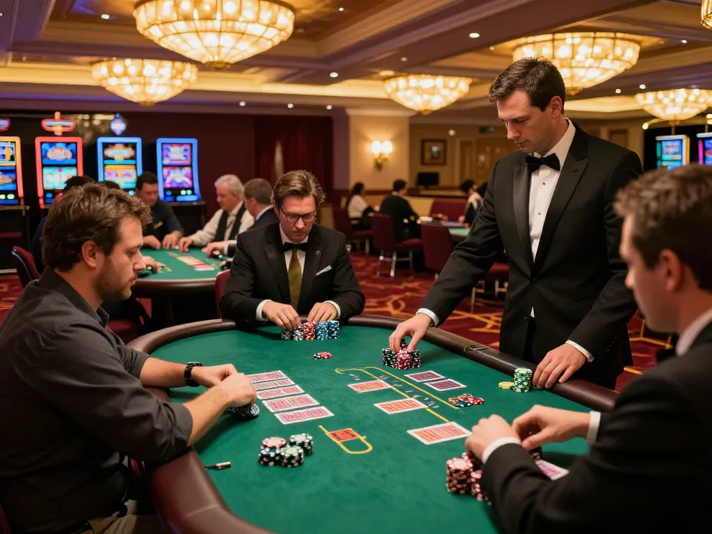Pemain terlibat dalam strategi di meja blackjack 88Pulsa dengan pencahayaan kasino yang hangat.